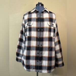 Duluth Trading Company. Plaid Quilted Shirt Jacket with snaps.